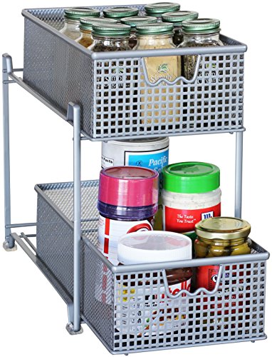 DecoBros 2 Tier Mesh Sliding Cabinet Basket Organizer Drawer,Silver