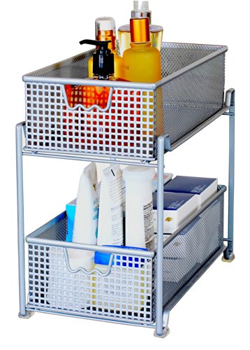 DecoBros 2 Tier Mesh Sliding Cabinet Basket Organizer Drawer,Silver