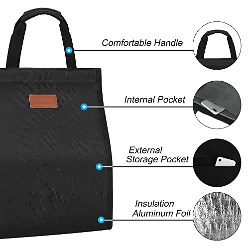 Femuar Lunch Bags for Women,Waterproof Reusable Lunch Tote with Internal Pocket，Black Lunch bag for Work/School/Travel/Picnic