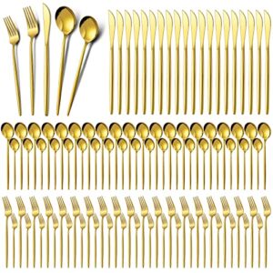 100 pcs gold silverware set stainless steel flatware service set for 20, kitchen home tableware cutlery utensils spoon fork knives black gold silverware mirror polished dishwasher safe (gold)