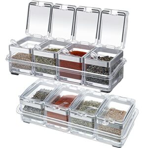 2 set acrylic seasoning organizer box 8 pcs clear seasoning rack spice pots condiments containers with lids and spoons storage container spice jar for spice salt sugar cruet kitchen cooking organizer