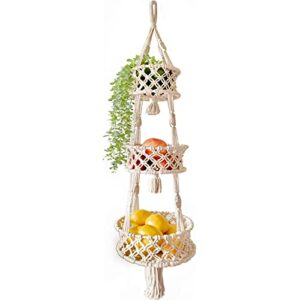 SnugLife Macrame 3 Tier Hanging Basket - Space Saving Hanging Fruit Basket for Kitchen or Decorative Boho Decor Hanging Plant Holder - Use for Produce Baskets, Indoor Planter Hangers, 42 Inches Beige