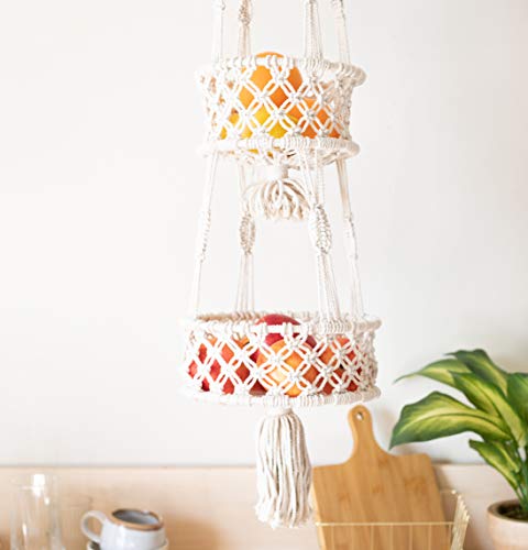 SnugLife Macrame 3 Tier Hanging Basket - Space Saving Hanging Fruit Basket for Kitchen or Decorative Boho Decor Hanging Plant Holder - Use for Produce Baskets, Indoor Planter Hangers, 42 Inches Beige
