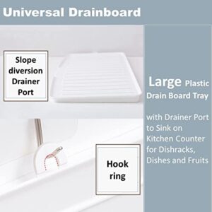 Halyuhn 18 Inch Plastic Dish Drainer Board, Large White Draining Tray with Side Drop Slope Diversion, Water Drain Board Drying Plate Dish Strainer Mat with Non-Slip Base for Bowl Cup Kitchenware