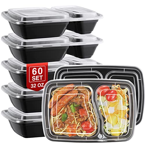 NEEBAKE 60 Sets 32oz Meal Prep Containers 2 Compartment - Plastic Food Storage Containers 2 Compartments with Lids