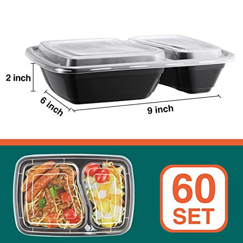 NEEBAKE 60 Sets 32oz Meal Prep Containers 2 Compartment - Plastic Food Storage Containers 2 Compartments with Lids