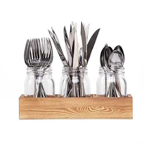 CB Accessories Mason Jar Glass Utensil Holder Flatware Caddy Silverware Organizer for Spoons, Knives and Forks with Rustic Wood Tray