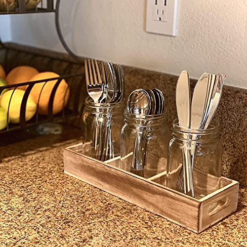 CB Accessories Mason Jar Glass Utensil Holder Flatware Caddy Silverware Organizer for Spoons, Knives and Forks with Rustic Wood Tray