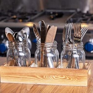 CB Accessories Mason Jar Glass Utensil Holder Flatware Caddy Silverware Organizer for Spoons, Knives and Forks with Rustic Wood Tray