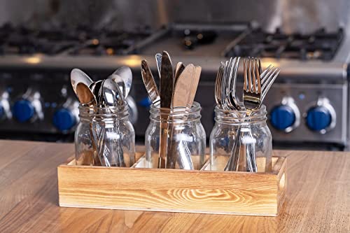 CB Accessories Mason Jar Glass Utensil Holder Flatware Caddy Silverware Organizer for Spoons, Knives and Forks with Rustic Wood Tray