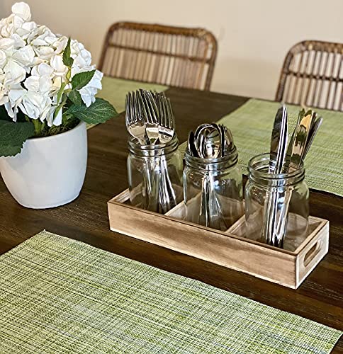 CB Accessories Mason Jar Glass Utensil Holder Flatware Caddy Silverware Organizer for Spoons, Knives and Forks with Rustic Wood Tray