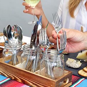 CB Accessories Mason Jar Glass Utensil Holder Flatware Caddy Silverware Organizer for Spoons, Knives and Forks with Rustic Wood Tray