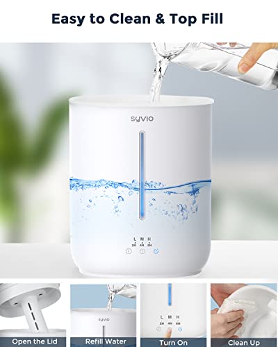 Syvio Humidifiers for Bedroom Large Room, Easy to Clean Humidifier Ultrasonic & Essential Oil Diffuser, Room Humidifier for Bedroom Baby Plant Cool Mist, Top Fill, Quiet, 360° Nozzle, Auto Off, 2.8L