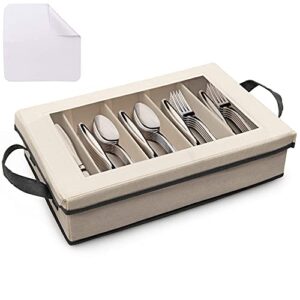 nunezro silverware storage case – sterling silver flatware organizer box with adjustable dividers and removable lid – complete with microfiber cloth – silverware storage boxes for 12