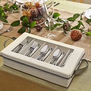 NUNEZRO Silverware Storage Case - Sterling Silver Flatware Organizer Box with Adjustable Dividers and Removable Lid - Complete with Microfiber Cloth - Silverware Storage Boxes for 12