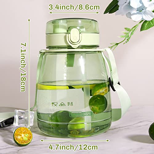 MOIOIBE Water Bottle with Straw 45oz Green Water Jug Aesthetic Big Belly Water Bottles with Straw for Women Kawaii Water Bottles with Strap Unique Kids Water Bottle