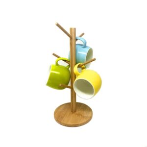 tsyware bamboo wood mug rack tree, organic bamboo mug holder, mug hook, removable mug stand,coffee tea cup dryer with 6 hooks，decoration counter coffee bar accessories