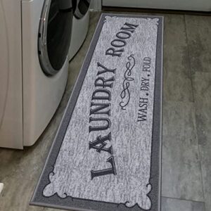 ottomanson laundry collection non-slip rubberback laundry text design 2×5 laundry room runner rug, 20″ x 59″, light gray