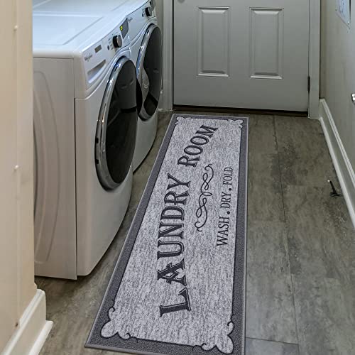 Ottomanson Laundry Collection Non-Slip Rubberback Laundry Text Design 2x5 Laundry Room Runner Rug, 20" x 59", Light Gray