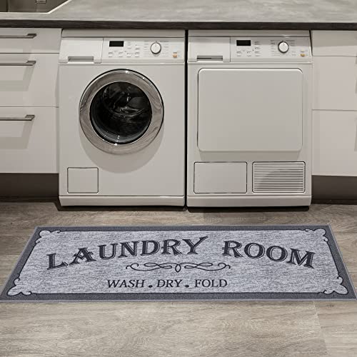 Ottomanson Laundry Collection Non-Slip Rubberback Laundry Text Design 2x5 Laundry Room Runner Rug, 20" x 59", Light Gray