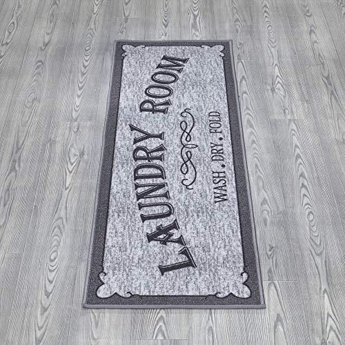 Ottomanson Laundry Collection Non-Slip Rubberback Laundry Text Design 2x5 Laundry Room Runner Rug, 20" x 59", Light Gray