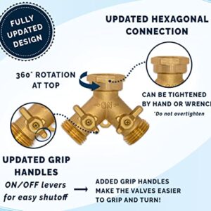 Morvat Heavy Duty Brass 2 way Y Splitter Garden Hose Hexagonal Connector with Comfortable Grip Shut Off Valves, Adapter for Water Tap, Outlet, & Spigot, Includes 2 Extra Rubber Washers & Teflon Tape