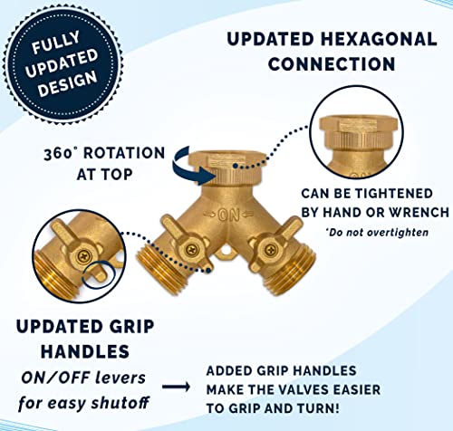 Morvat Heavy Duty Brass 2 way Y Splitter Garden Hose Hexagonal Connector with Comfortable Grip Shut Off Valves, Adapter for Water Tap, Outlet, & Spigot, Includes 2 Extra Rubber Washers & Teflon Tape
