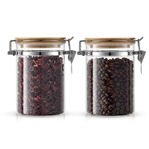 joyjolt borosilicate glass jars with bamboo lids (27oz). 2pc set of airtight storage jars with clamp lids for pantry storage. air tight sealable containers for kitchen organization.