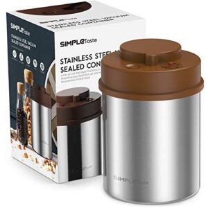 simpletaste coffee canister, one-piece press vacuum sealed storage container, airtight stainless steel kitchen food jar with date tracker for beans, grounds, tea, cereal, sugar, 16oz