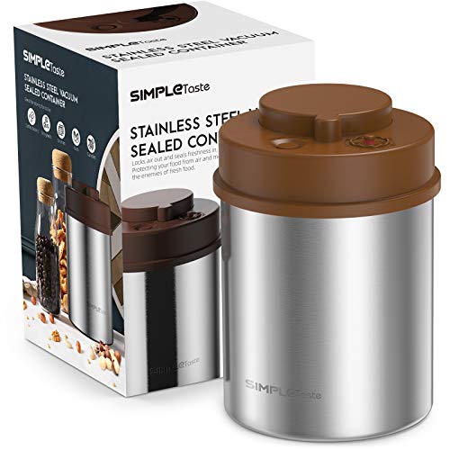 SIMPLETASTE Coffee Canister, One-Piece Press Vacuum Sealed Storage Container, Airtight Stainless Steel Kitchen Food Jar with Date Tracker for Beans, Grounds, Tea, Cereal, Sugar, 16OZ