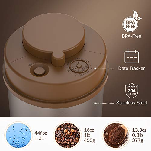 SIMPLETASTE Coffee Canister, One-Piece Press Vacuum Sealed Storage Container, Airtight Stainless Steel Kitchen Food Jar with Date Tracker for Beans, Grounds, Tea, Cereal, Sugar, 16OZ