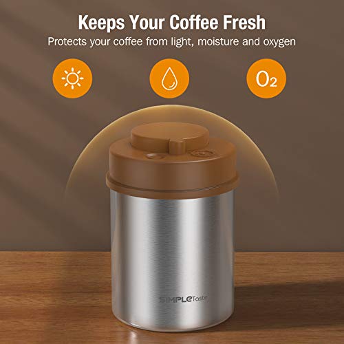 SIMPLETASTE Coffee Canister, One-Piece Press Vacuum Sealed Storage Container, Airtight Stainless Steel Kitchen Food Jar with Date Tracker for Beans, Grounds, Tea, Cereal, Sugar, 16OZ
