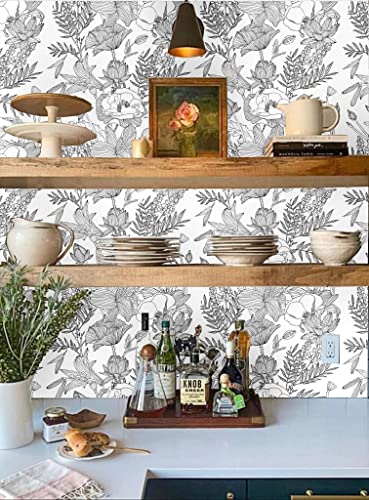 Elegant Lily Lotus Floral Adhesive Shelf Liner Peel & Stick Dresser Drawer Sticker Cabinet Sticker Furniture Contact Paper, 17.7 Inch by 9.8 Feet(Black&White)