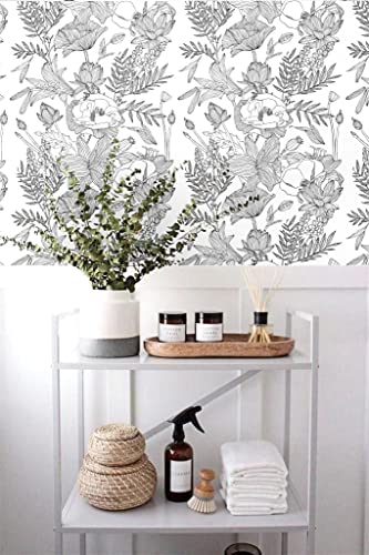 Elegant Lily Lotus Floral Adhesive Shelf Liner Peel & Stick Dresser Drawer Sticker Cabinet Sticker Furniture Contact Paper, 17.7 Inch by 9.8 Feet(Black&White)