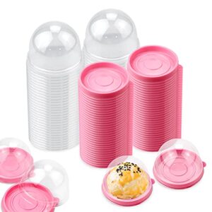 pralb 100 set clear plastic mini cupcake boxes muffin pod dome muffin single container box wedding birthday gifts supplies for cheese pastry dessert mooncake (round, pink)