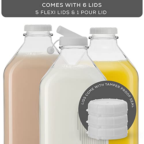 Glass Milk Bottle with Lid AND Pourer Multi-Pack. 64 Oz Reusable Glass Bottles with 6 Lids! Glass Milk Jug Pitcher, Buttermilk, Water or Juice Bottles with Caps, Syrup, Honey or Sauce Container