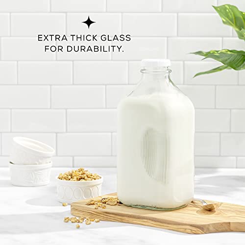 Glass Milk Bottle with Lid AND Pourer Multi-Pack. 64 Oz Reusable Glass Bottles with 6 Lids! Glass Milk Jug Pitcher, Buttermilk, Water or Juice Bottles with Caps, Syrup, Honey or Sauce Container