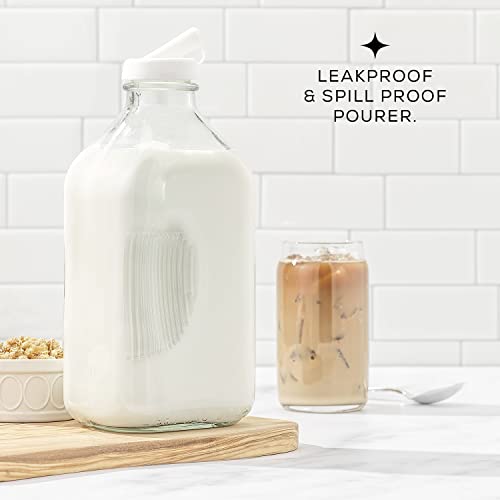 Glass Milk Bottle with Lid AND Pourer Multi-Pack. 64 Oz Reusable Glass Bottles with 6 Lids! Glass Milk Jug Pitcher, Buttermilk, Water or Juice Bottles with Caps, Syrup, Honey or Sauce Container