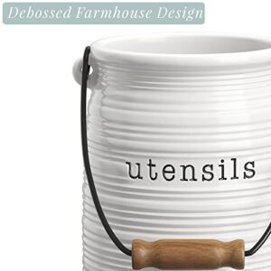 Barnyard Designs Ceramic Farmhouse Kitchen Utensil Holder for Countertop, Decorative Kitchen Utensil Holder, Large Kitchen Utensil Holder for Kitchen Counter, Utensil Crock Spatula Holder, 6" White