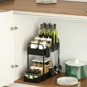 premium adjustable under sink organizer, multi-purpose 2-tire organizer, with 4 hooks,4 dividers, 2 handles, for kitchen, bathroom, easy to use for storage and organization (black-1 pack).
