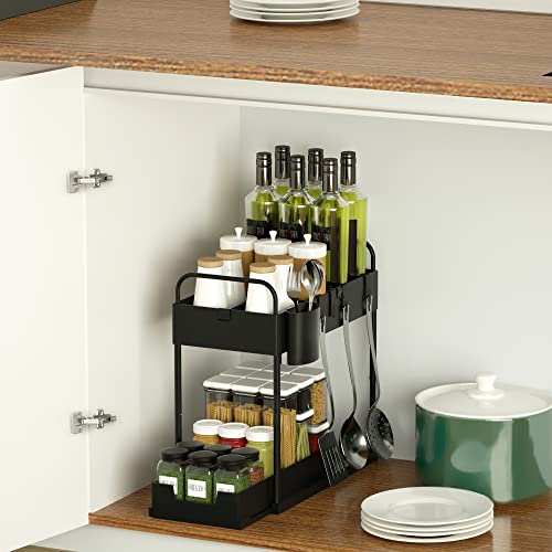 premium adjustable Under Sink Organizer, Multi-Purpose 2-Tire Organizer, with 4 Hooks,4 Dividers, 2 Handles, For Kitchen, Bathroom, Easy To Use For Storage And Organization (Black-1 Pack).