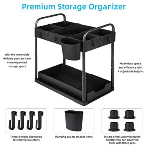 premium adjustable Under Sink Organizer, Multi-Purpose 2-Tire Organizer, with 4 Hooks,4 Dividers, 2 Handles, For Kitchen, Bathroom, Easy To Use For Storage And Organization (Black-1 Pack).