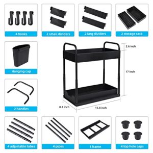 premium adjustable Under Sink Organizer, Multi-Purpose 2-Tire Organizer, with 4 Hooks,4 Dividers, 2 Handles, For Kitchen, Bathroom, Easy To Use For Storage And Organization (Black-1 Pack).