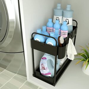 premium adjustable Under Sink Organizer, Multi-Purpose 2-Tire Organizer, with 4 Hooks,4 Dividers, 2 Handles, For Kitchen, Bathroom, Easy To Use For Storage And Organization (Black-1 Pack).