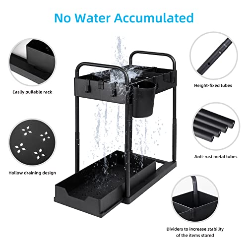 premium adjustable Under Sink Organizer, Multi-Purpose 2-Tire Organizer, with 4 Hooks,4 Dividers, 2 Handles, For Kitchen, Bathroom, Easy To Use For Storage And Organization (Black-1 Pack).