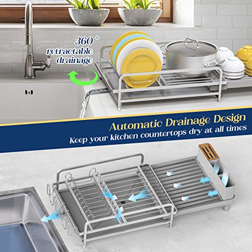 ACMETOP Dish Drying Rack 19" to 27" Expandable Large Capacity Dish Rack Heavy Duty Dish Drainer with Removable Cutlery Rack Cup Holder Aluminium Dish Racks for Kitchen Counter