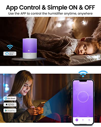 Cool Mist Humidifiers for Bedroom Large Room, Esemoil 2.5L Smart WiFi Baby Air Humidifier with Top-Fill & 28dB Quiet, 24H Ultrasonic Diffuser for Plants, 8 Color Light, Voice Control, Works with Alexa