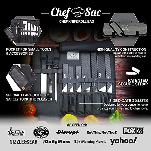 Chef Knife Roll Bag | 8+ Slots for Knives & Kitchen Tools | Water Resistant Knife Bag | Knife Carrying Case Only, Tools Not Included | Chef Knife Bag for Professional Chefs & Culinary Students (Grey)