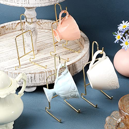 8 Pieces Tea Cup and Saucer Display Stand Holder Rack Metal Cup Saucer Holder Tea Cup Holder Display Coffee Mug Organizer for Plate Teapot, 6.22 x 2.44 Inches (Gold, Classic Style)