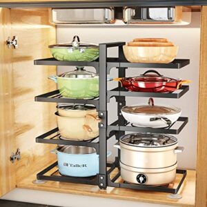 pxrack pots and pans organizer for cabinet, adjustable pan organizer rack for under cabinet, pot organizer for kitchen organization & storage, rustproof pot lid organizer, square (black 8-tier)